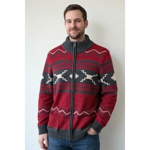 Chaps Denim Mens Full Zip Cardigan Sweater Red Grey Southwestern  Large‎